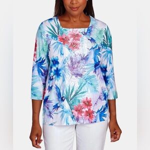 Alfred Dunner Women’s Classic Brights Tropical Birds Lace Paneled Top Size XL